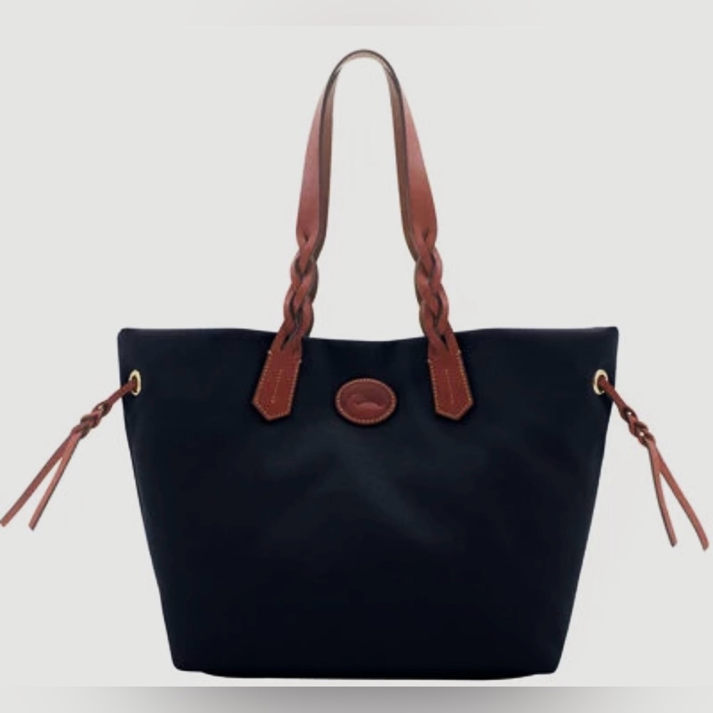 Dooney & Bourke Nylon Shopper Tote Black with Red interior and leather straps.
